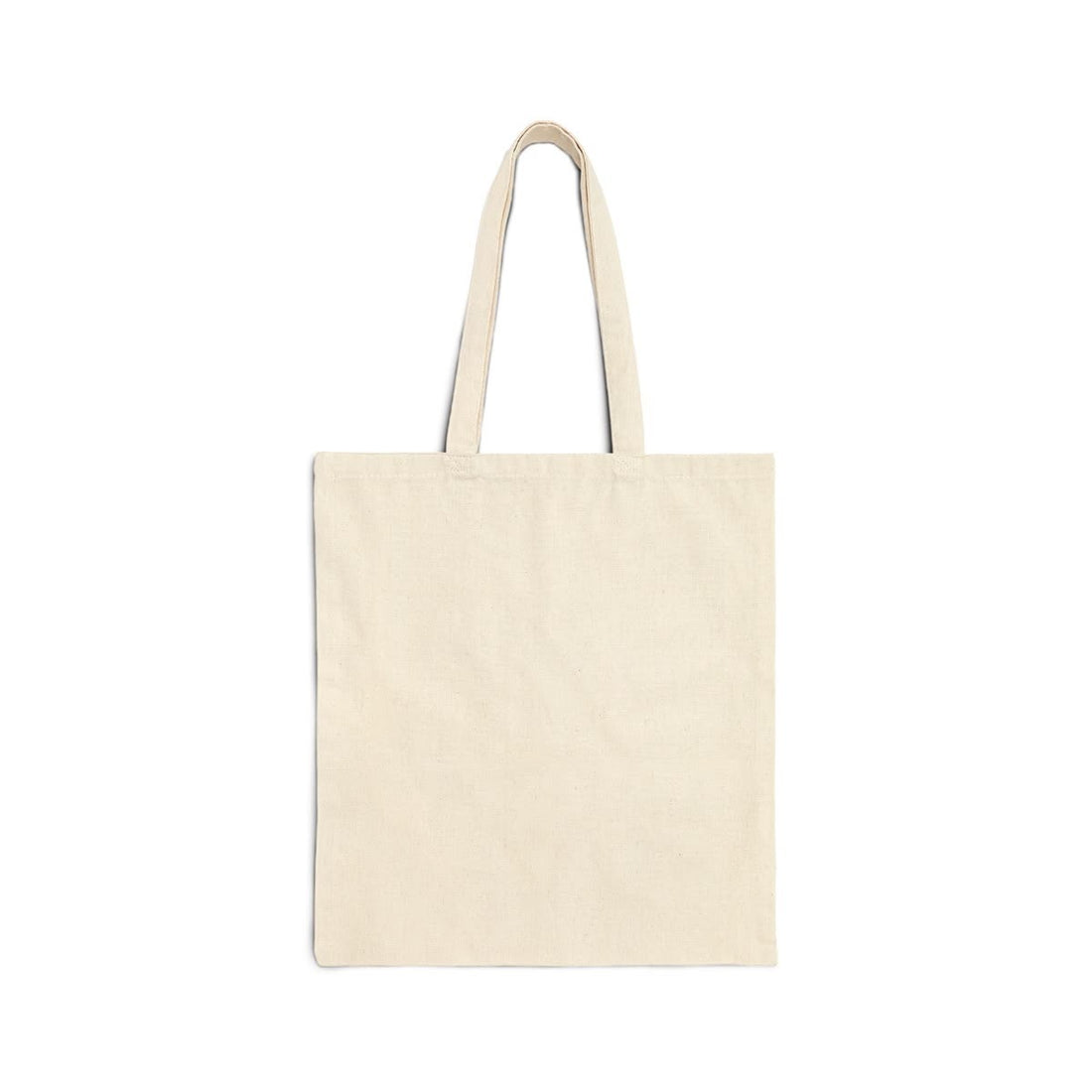 A beige cotton tote bag with a single handle and a flat base, suitable for carrying items.