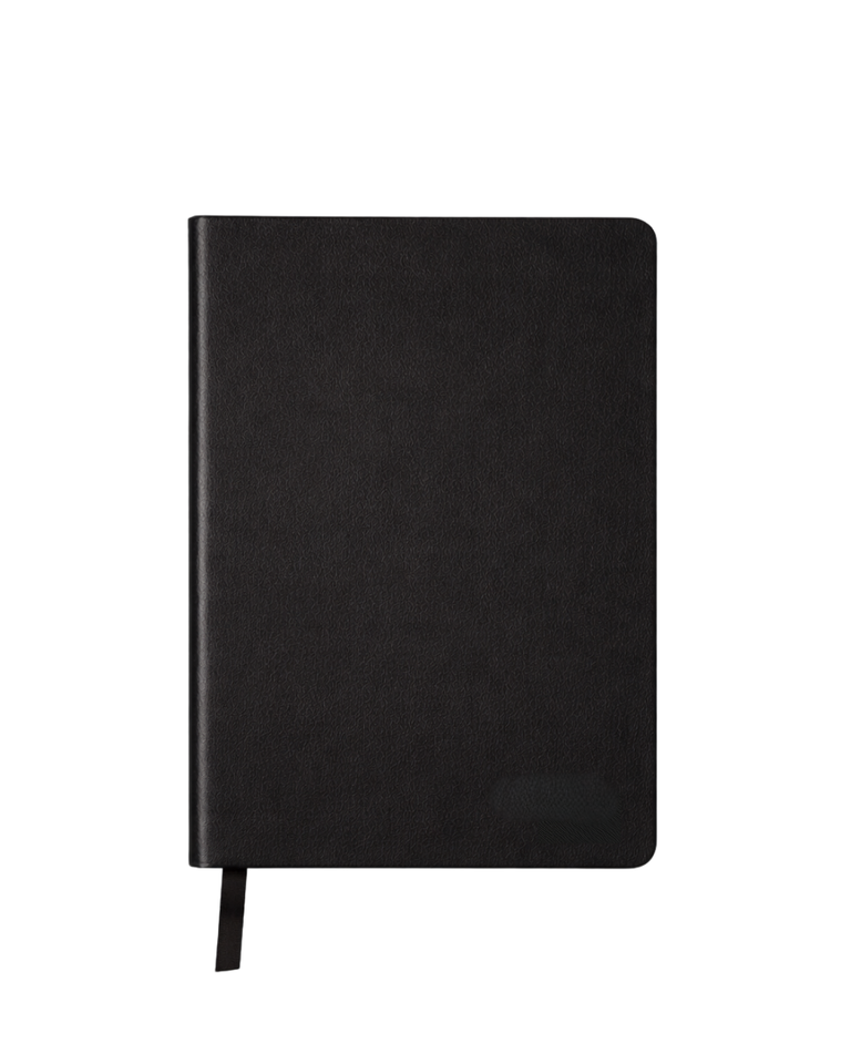 A black hardcover notebook with a textured cover and a black ribbon bookmark, shown against a plain white background.