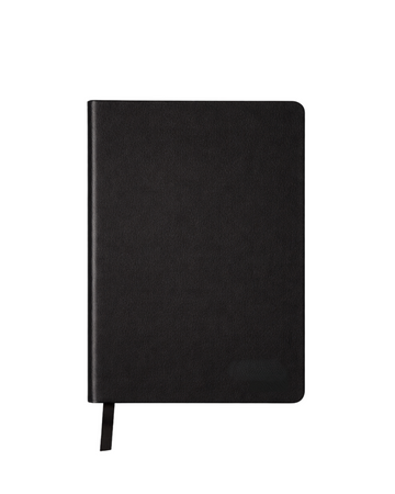 A black hardcover notebook with a textured cover and a black ribbon bookmark, shown against a plain white background.