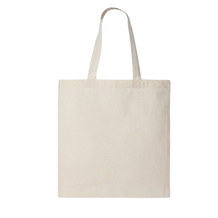 A beige cotton tote bag with a single handle and a flat base, suitable for carrying items.